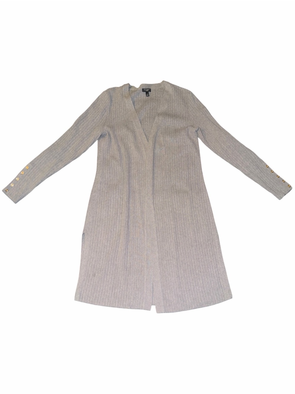 Talbot Light Gray Ribbed Long Open-Front Cardigan with Gold Buttons